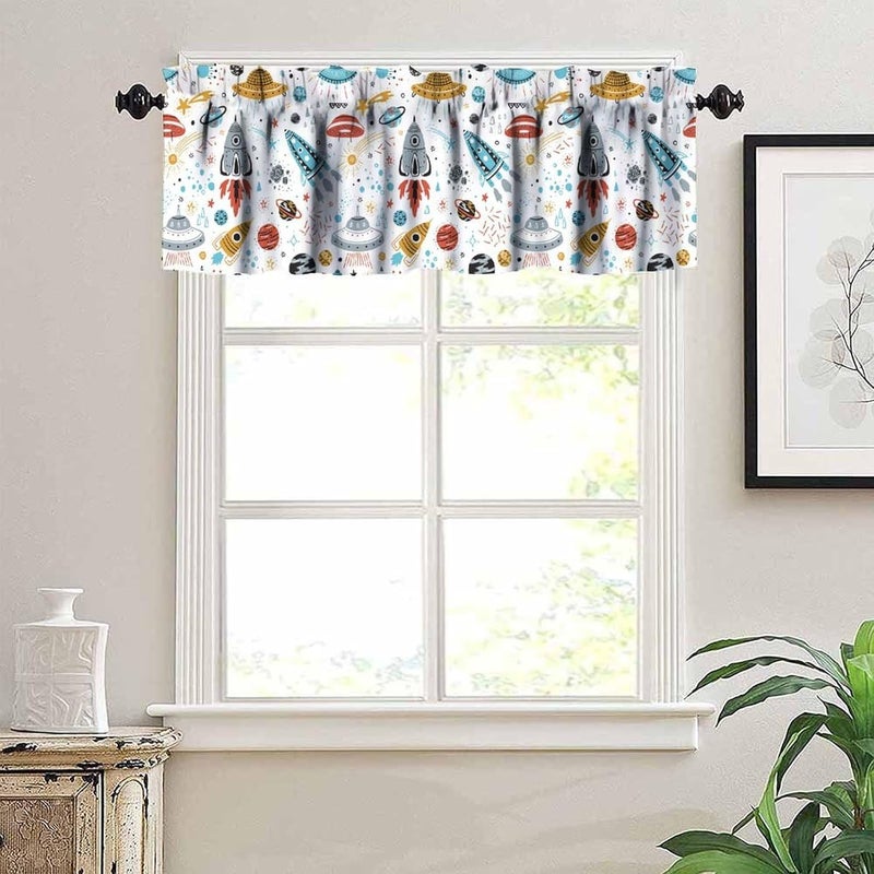 YSWOW Kids Boys Cartoon Space Valance Curtain for Boys Nursery Playroom Room Decor Planets Rockets Shuttles Cosmic Art Printed Window Drapes W54xL18in Fabric 1 Panel - Image 2